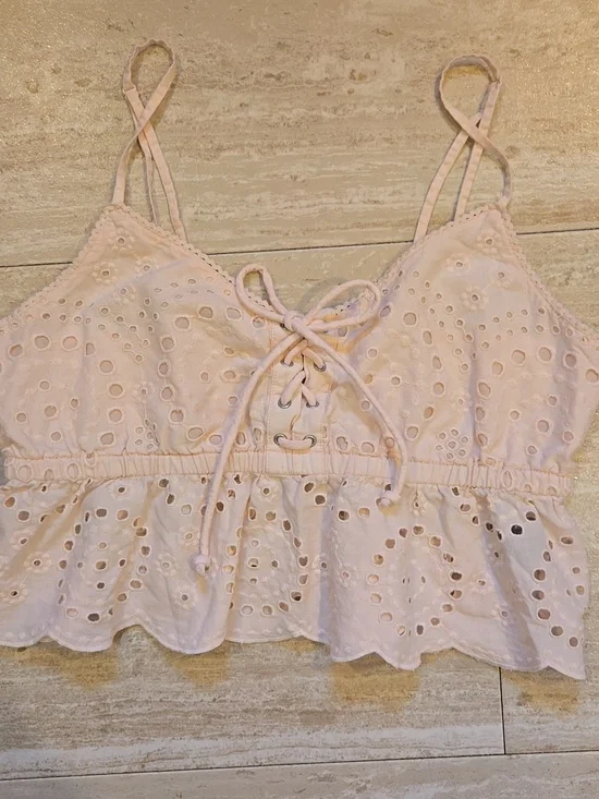 Aerie Blush Pink Eyelet Lace-Up Festival Crop Top - Picture 1 of 8